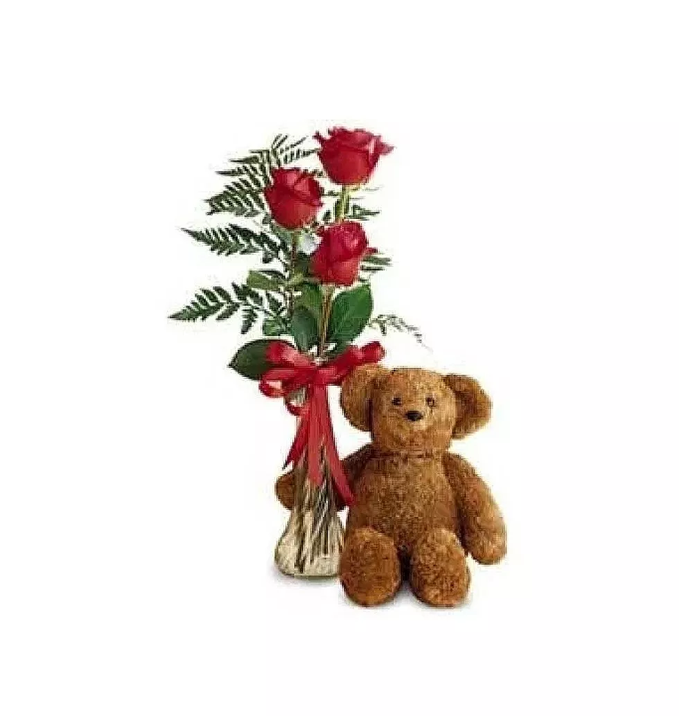 3 Red Roses with Teddy