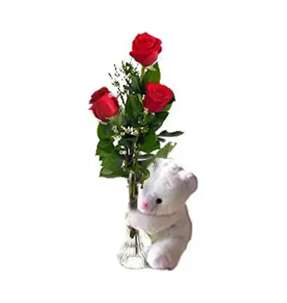 3 Pcs Red Rose with Bear