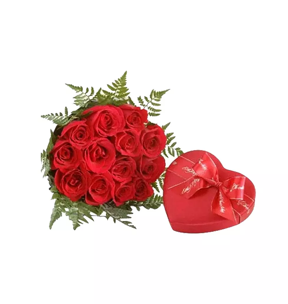 Red Roses with Heart Shape Chocolate Box