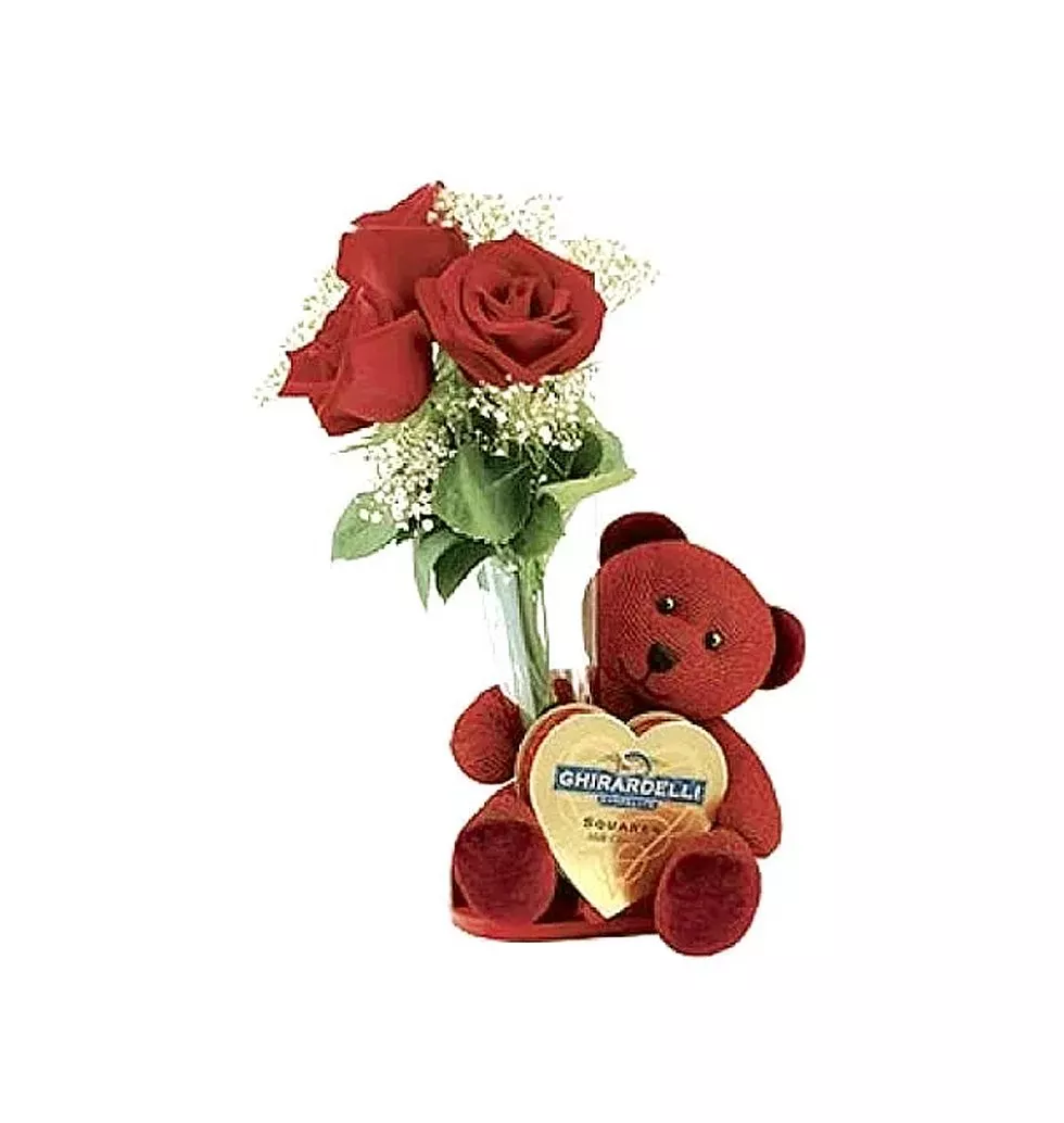 3 Pcs Red Roses with Bear and Chocolate
