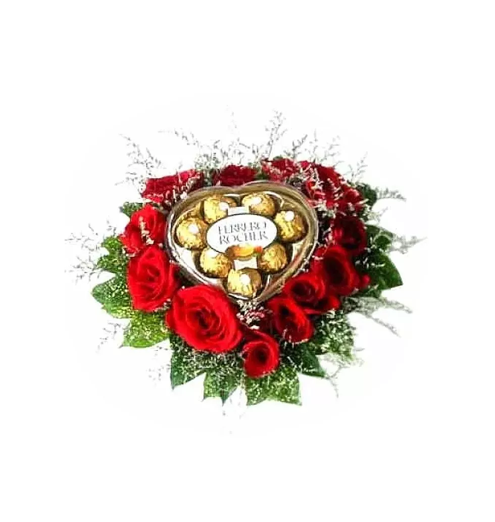 Roses with Ferrero in a Heart Shape Basket