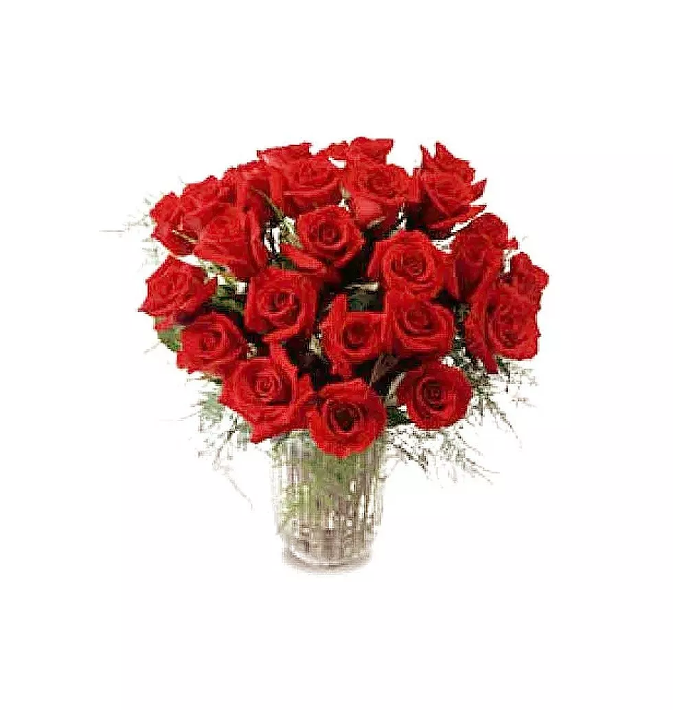 Two dozen long stemmed Roses arranged in a glass vase