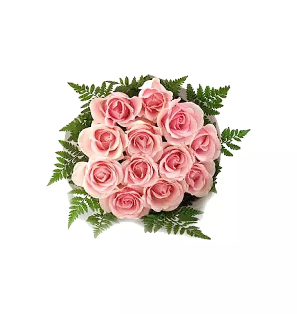 One dozen pink roses in a bouquet.