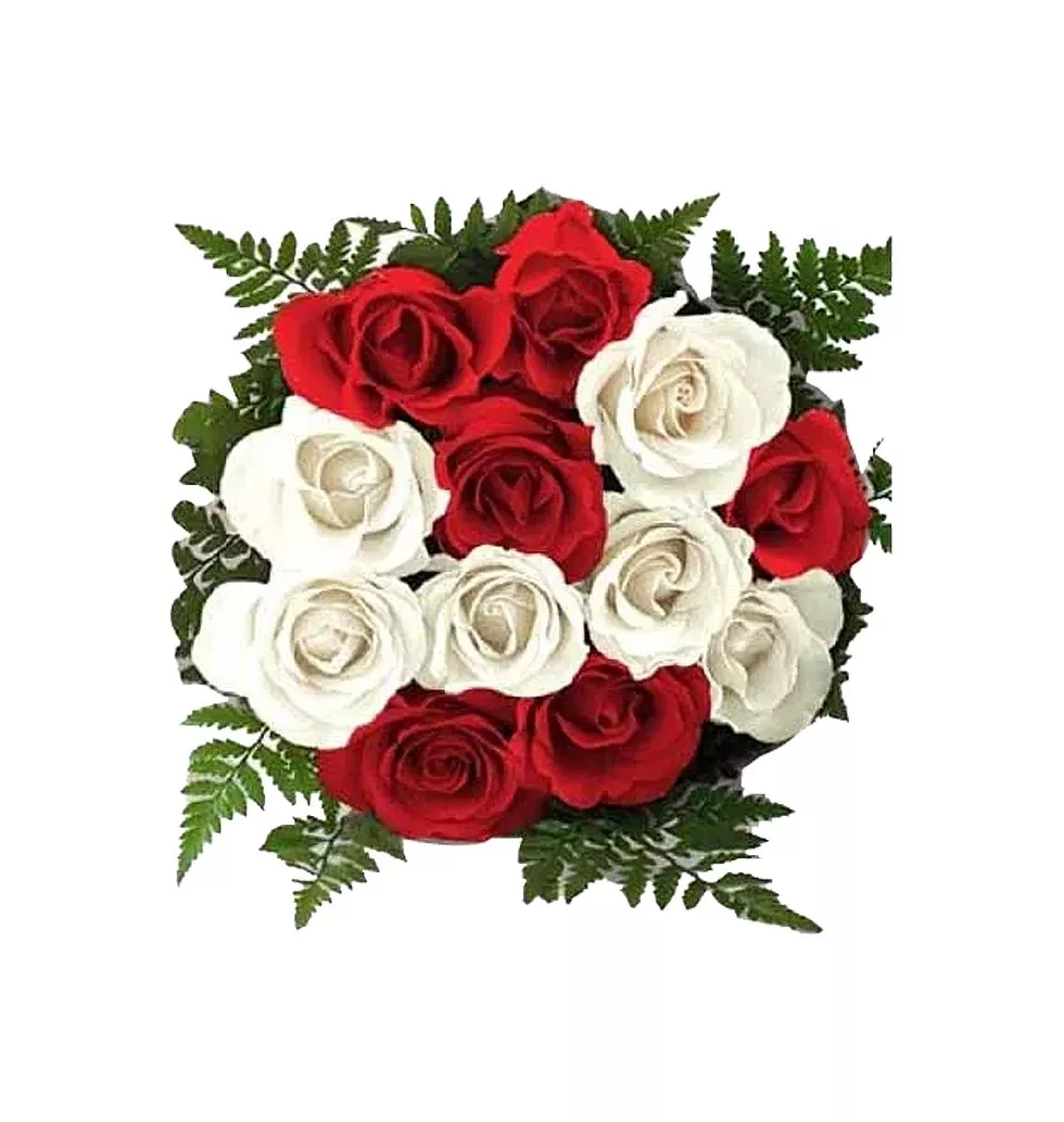 One dozen red n white mix roses in a bouquet.