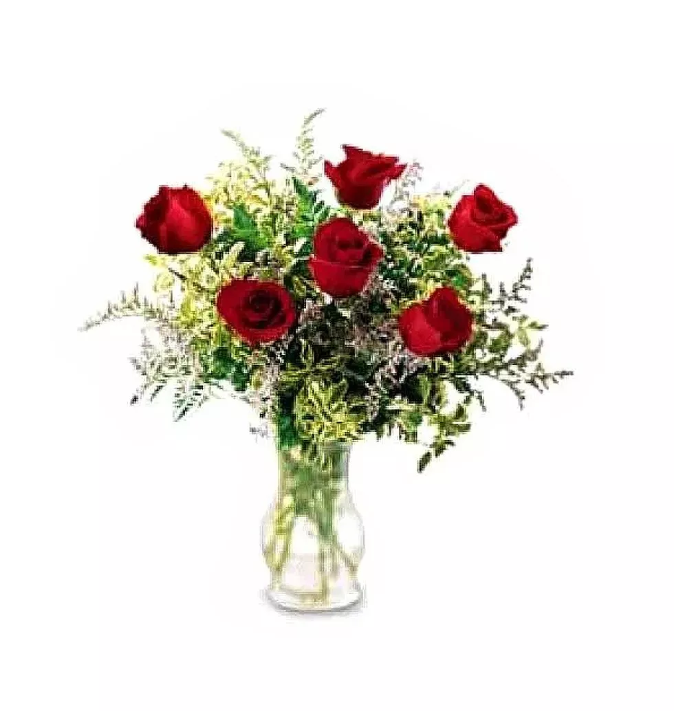 6 pcs red roses w/ greenary in a glass vase