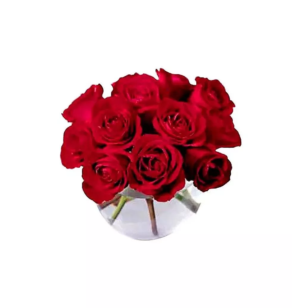 1 dozen red roses in a glass vase