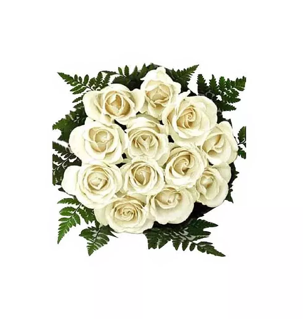 One dozen white roses in a bouquet.