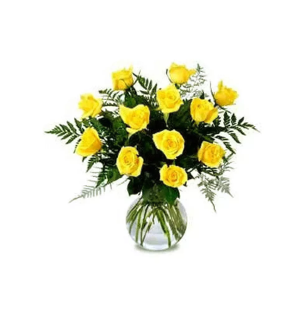 1 dozen yellow roses in a vase