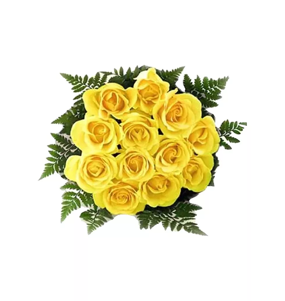 One dozen yellow roses in a bouquet