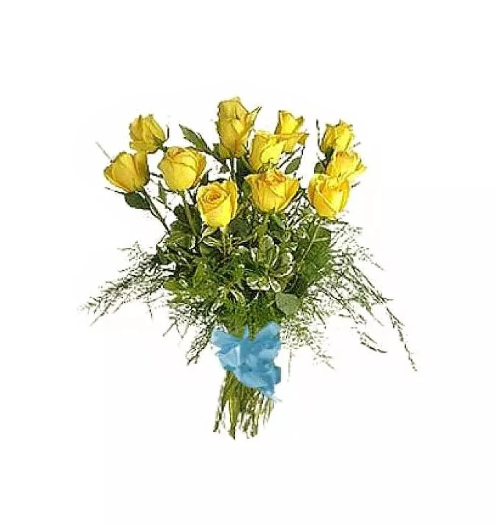 1 dozen yellow roses in a bouquet