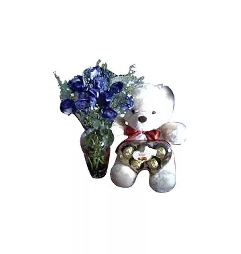1 dozen blue roses in a vase w/ bear n chocolates