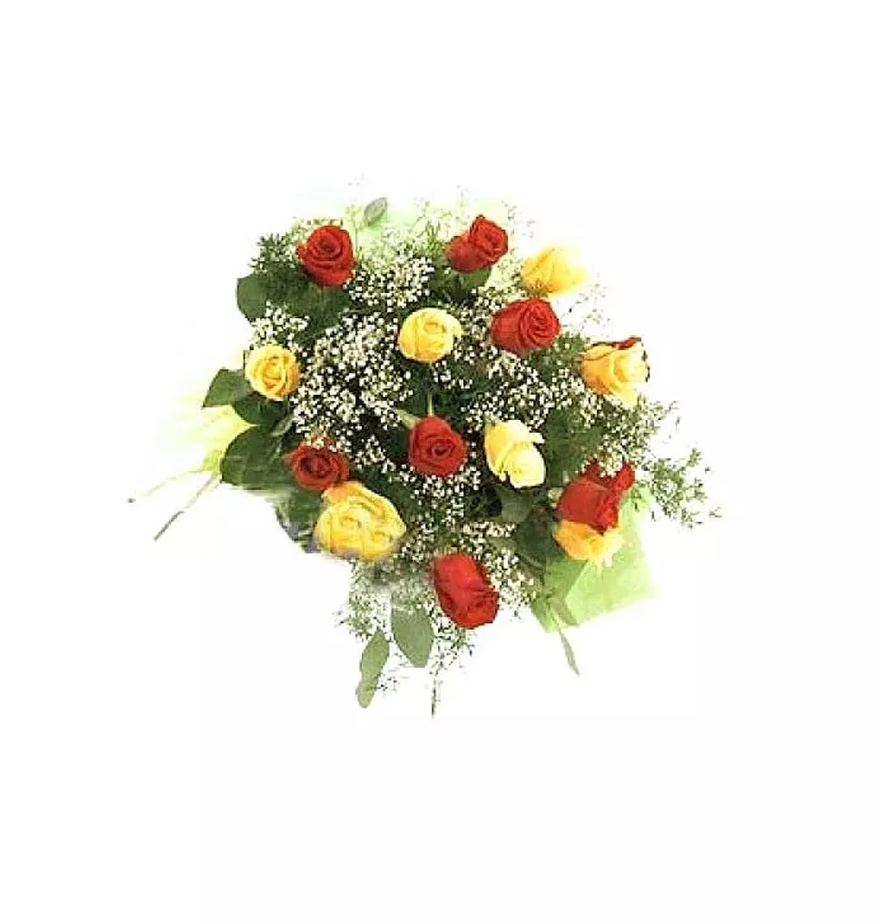 1 dozen red n yellow mix roses in a bouquet