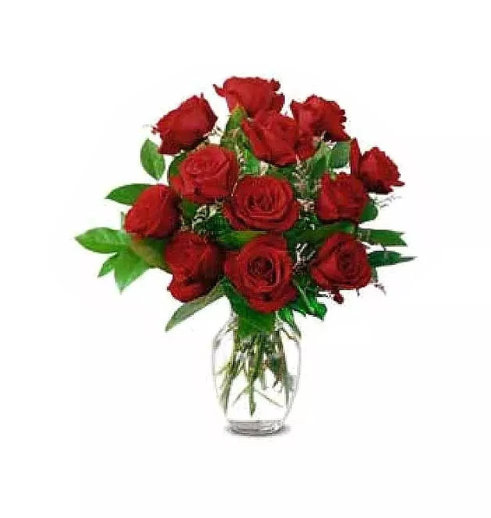 1 Dozen Roses in a Glass Vase w/ greens and filler