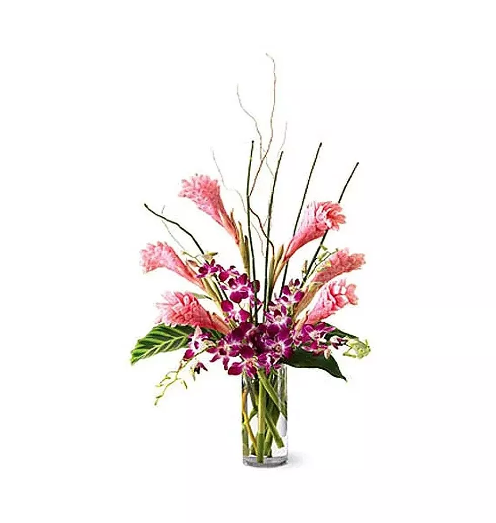 6pcs Purple Orchids w/ Tropical Flowers in a Vase