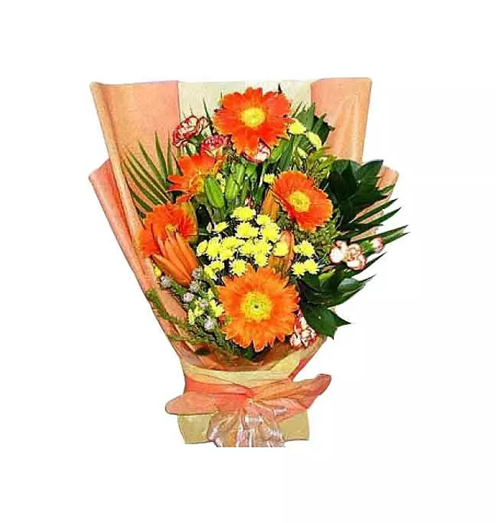 5pcs Orange Gerbera, Lilies, Carnations, Greenery and more arrange in a Bouquet